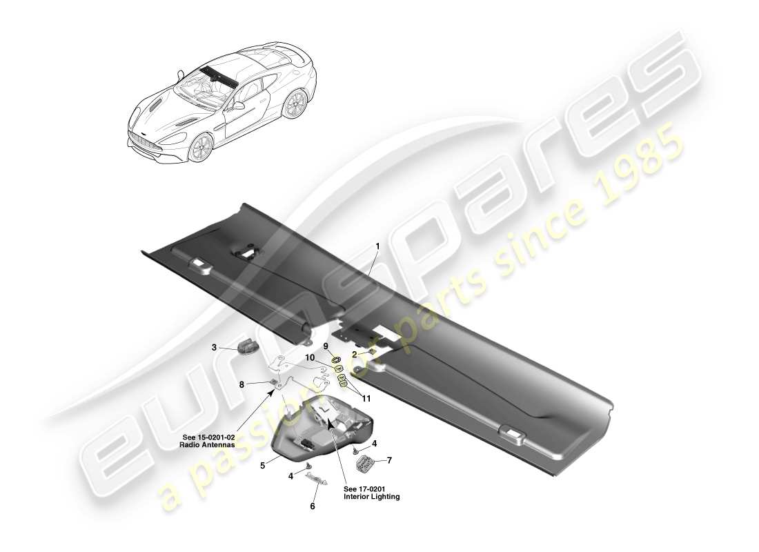aston martin vanquish (2013) embellecedor del cabezal delantero, cupé 14.5my diagrama de piezas