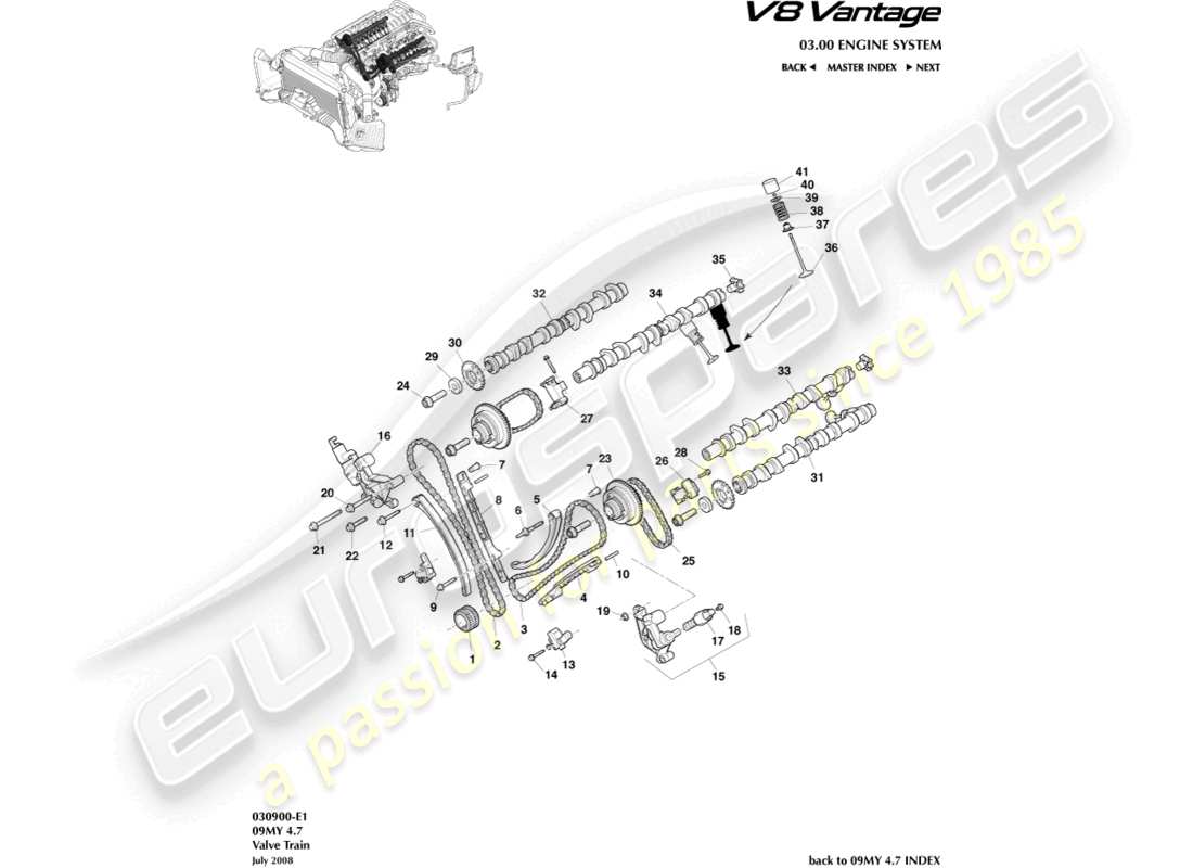 aston martin v8 vantage (2012) diagrama de piezas del tren de válvulas