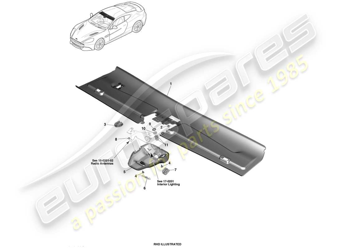 aston martin vanquish (2014) embellecedor del cabezal delantero, diagrama de pieza del cupé 14.5my
