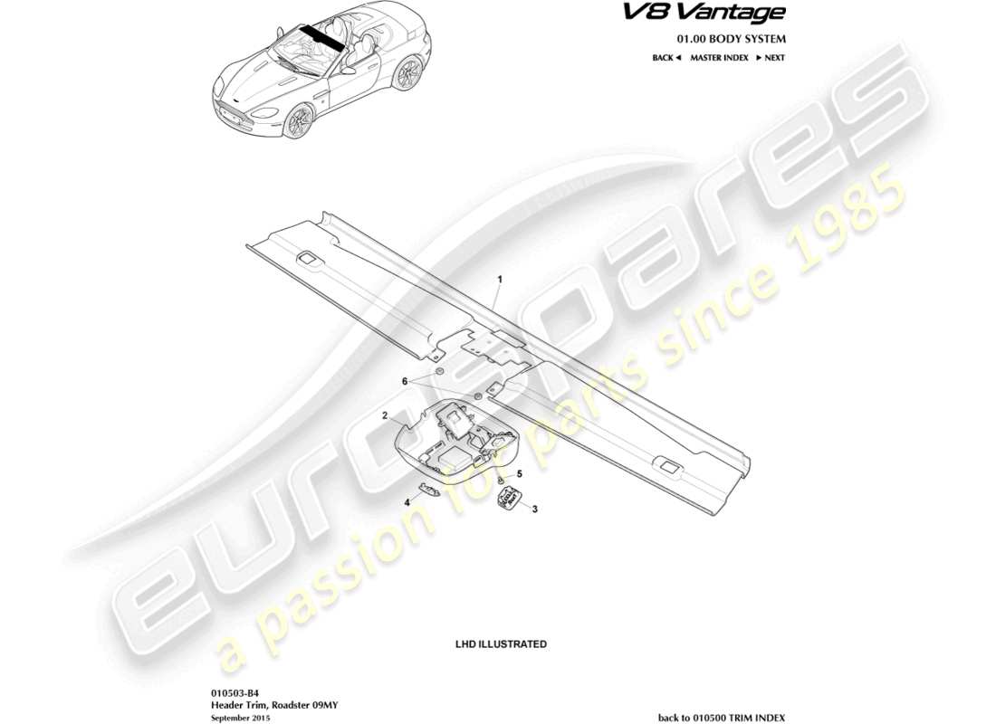 aston martin v8 vantage (2006) adorno de cabecera, diagrama de piezas del roadster 09my