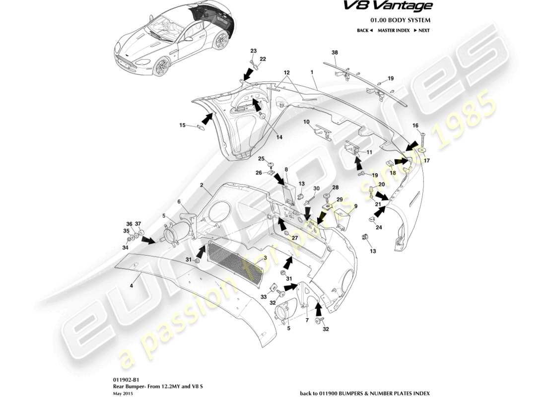 aston martin v8 vantage (2006) parachoques trasero, 12.25my en y v85 diagrama de piezas
