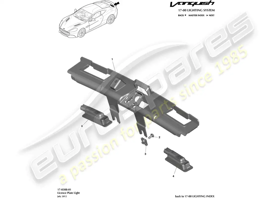 aston martin vanquish (2015) license plate lamps diagrama de piezas