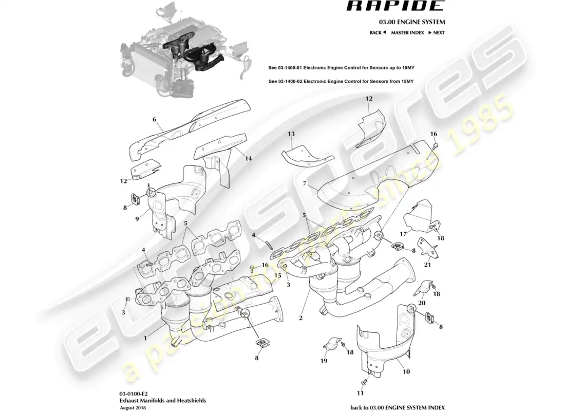 aston martin rapide (2011) colectores de escape diagrama de piezas
