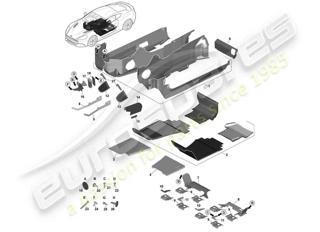 aston martin vanquish (2014) moldura del piso principal, lado derecho diagrama de piezas
