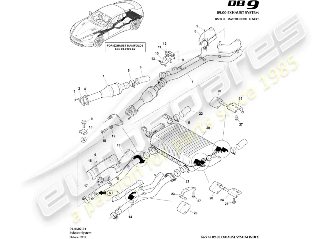 aston martin db9 (2016) sistema de escape diagrama de piezas