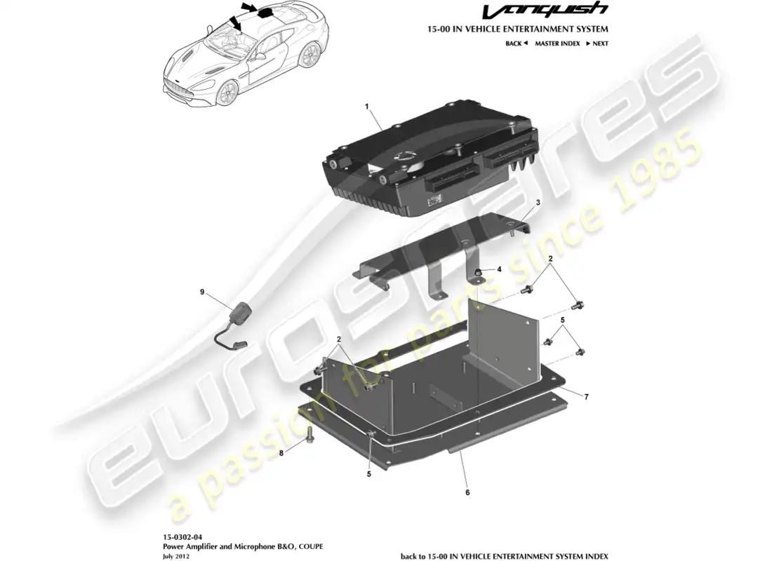 aston martin vanquish (2017) diagrama de piezas de amplificadores, b&o y cupé