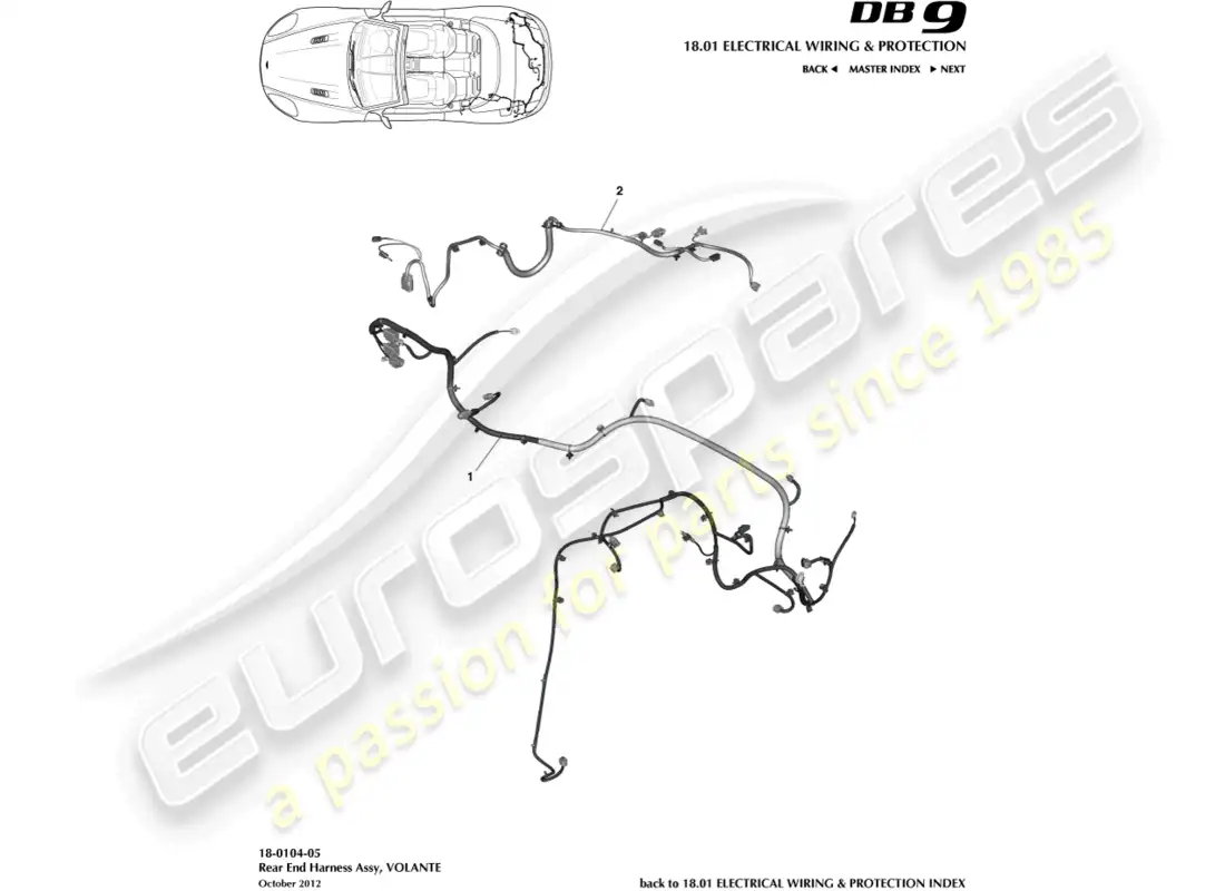 aston martin db9 (2014) arnés trasero, volante diagrama de piezas