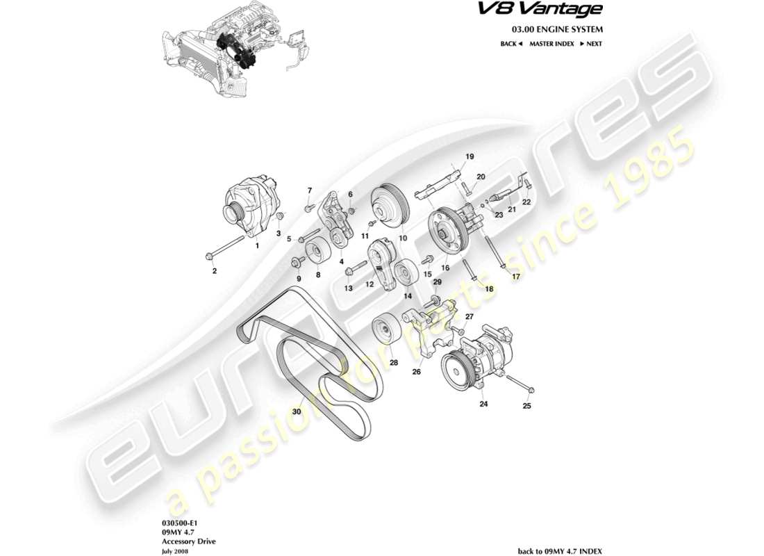 aston martin v8 vantage (2014) diagrama de piezas de transmisión de accesorios