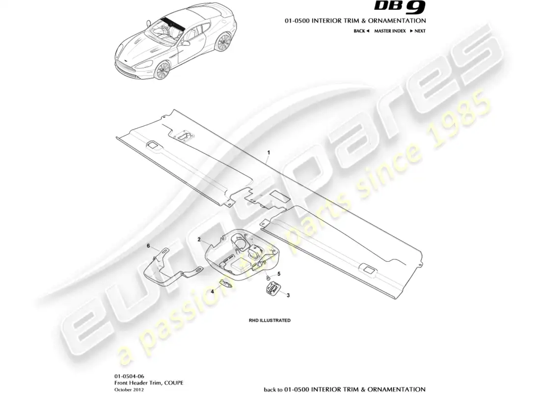 aston martin db9 (2013) embellecedor del cabezal delantero, cupé diagrama de piezas