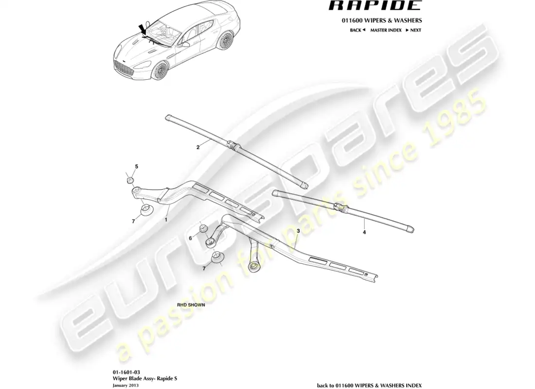 aston martin rapide (2011) conjunto de escobilla de limpiaparabrisas, s diagrama de piezas
