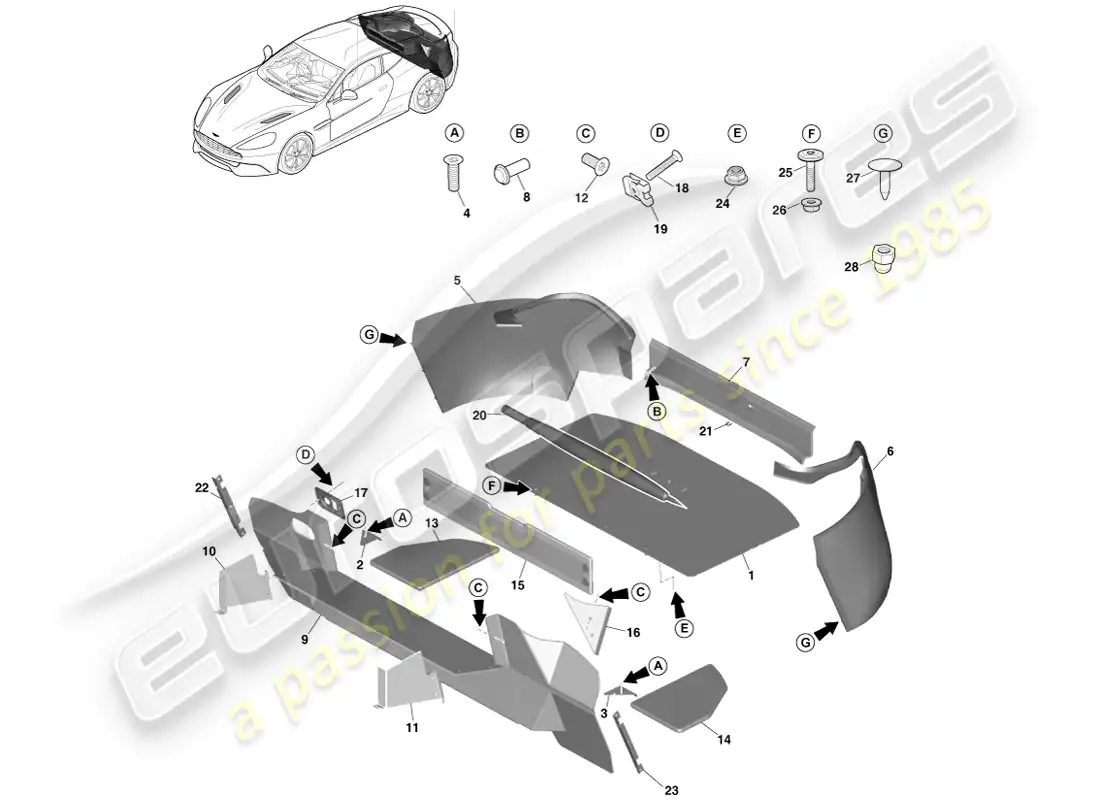 aston martin vanquish (2014) embellecedor del compartimento de carga, cupé diagrama de piezas