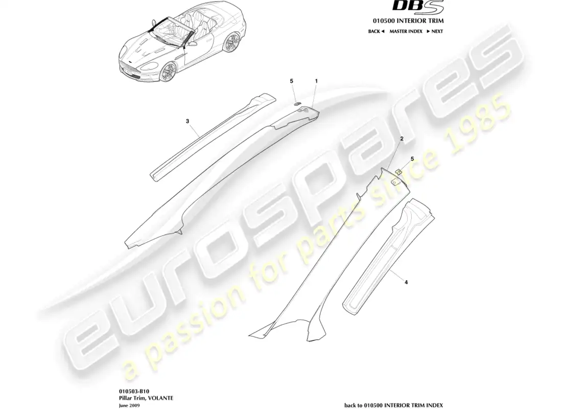 aston martin dbs (2013) moldura de pilar, superior, volante diagrama de piezas