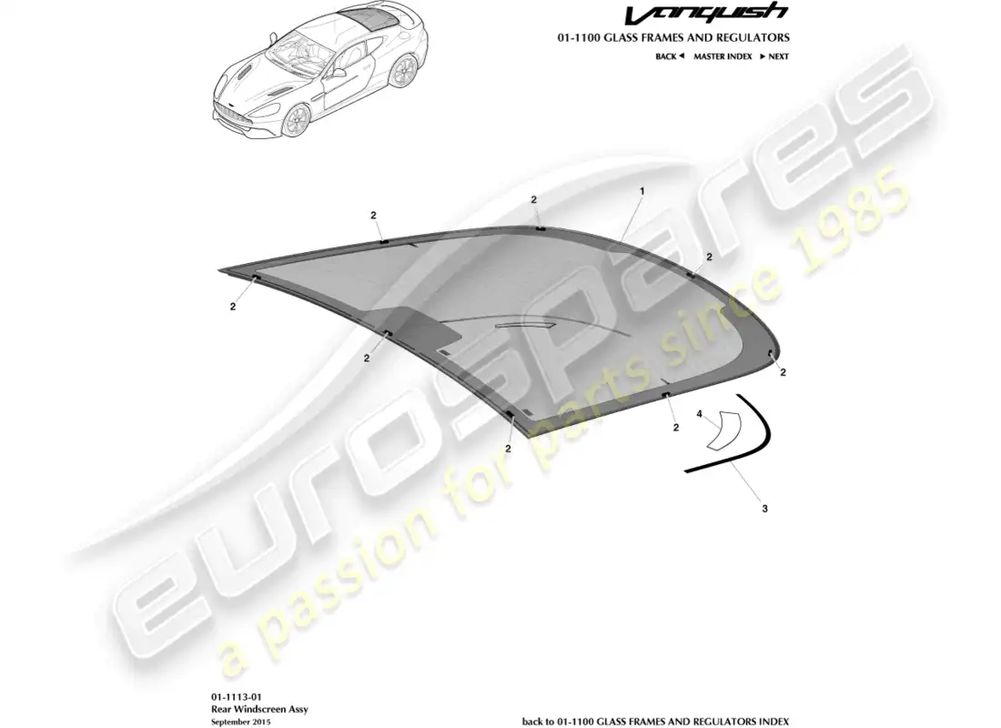 aston martin vanquish (2018) parabrisas trasero diagrama de piezas