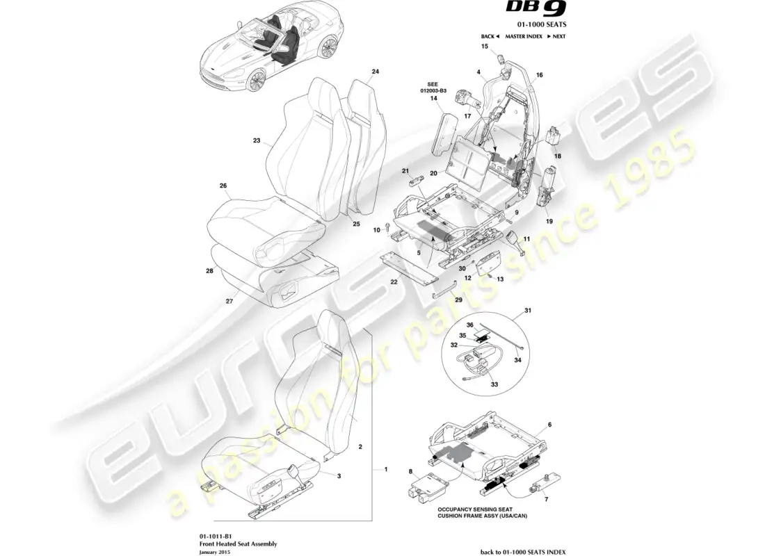 aston martin db9 (2014) asientos delanteros con calefacción diagrama de piezas