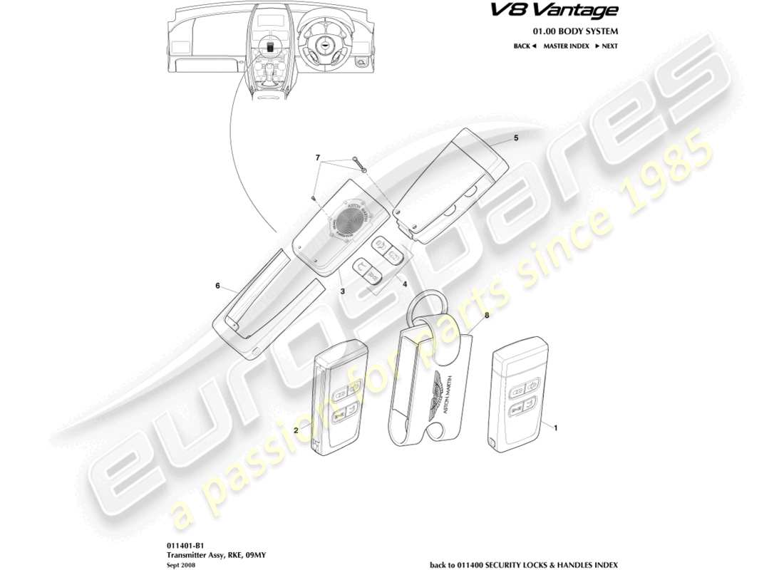 aston martin v8 vantage (2018) transmisor, rke, diagrama de pieza 09my