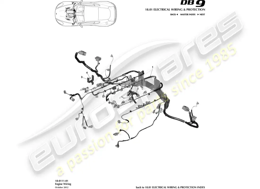 aston martin db9 (2014) arnés del motor diagrama de piezas