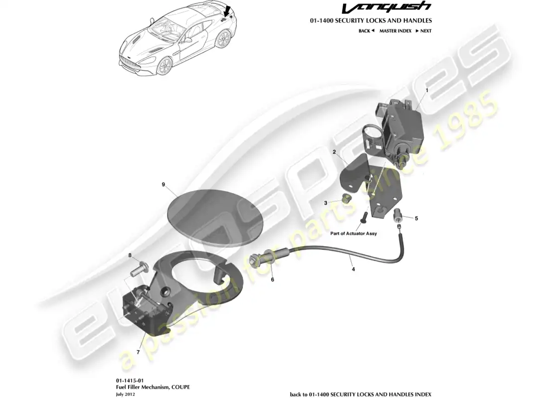 aston martin vanquish (2017) mecanismo de llenado de combustible, cupé diagrama de piezas