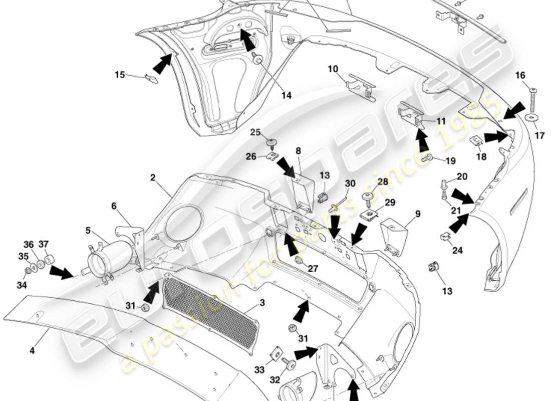 aston martin v8 vantage (2011) parachoques trasero, 12.25my en y v8s diagrama de piezas