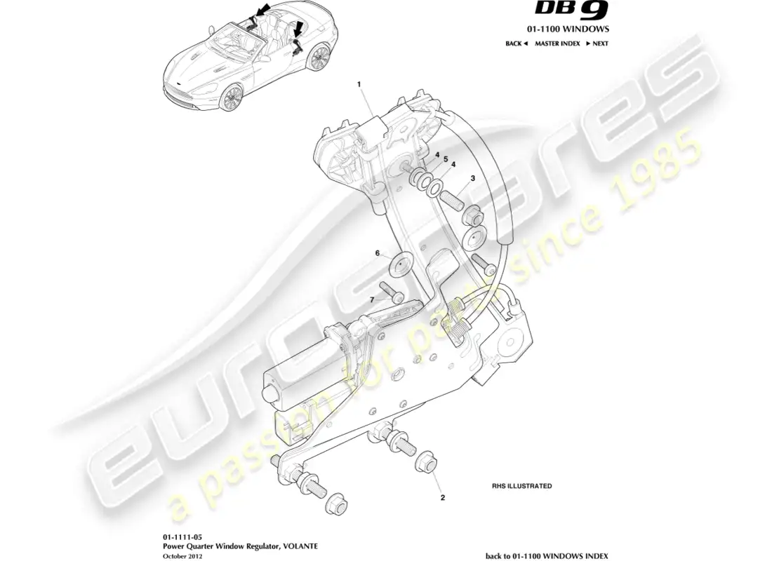 aston martin db9 (2015) elevalunas del cuarto trasero, volante diagrama de piezas