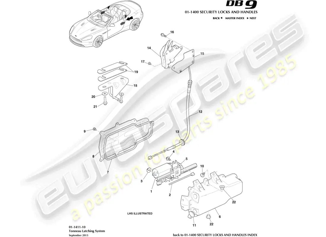 aston martin db9 (2014) pestillos de lona diagrama de piezas