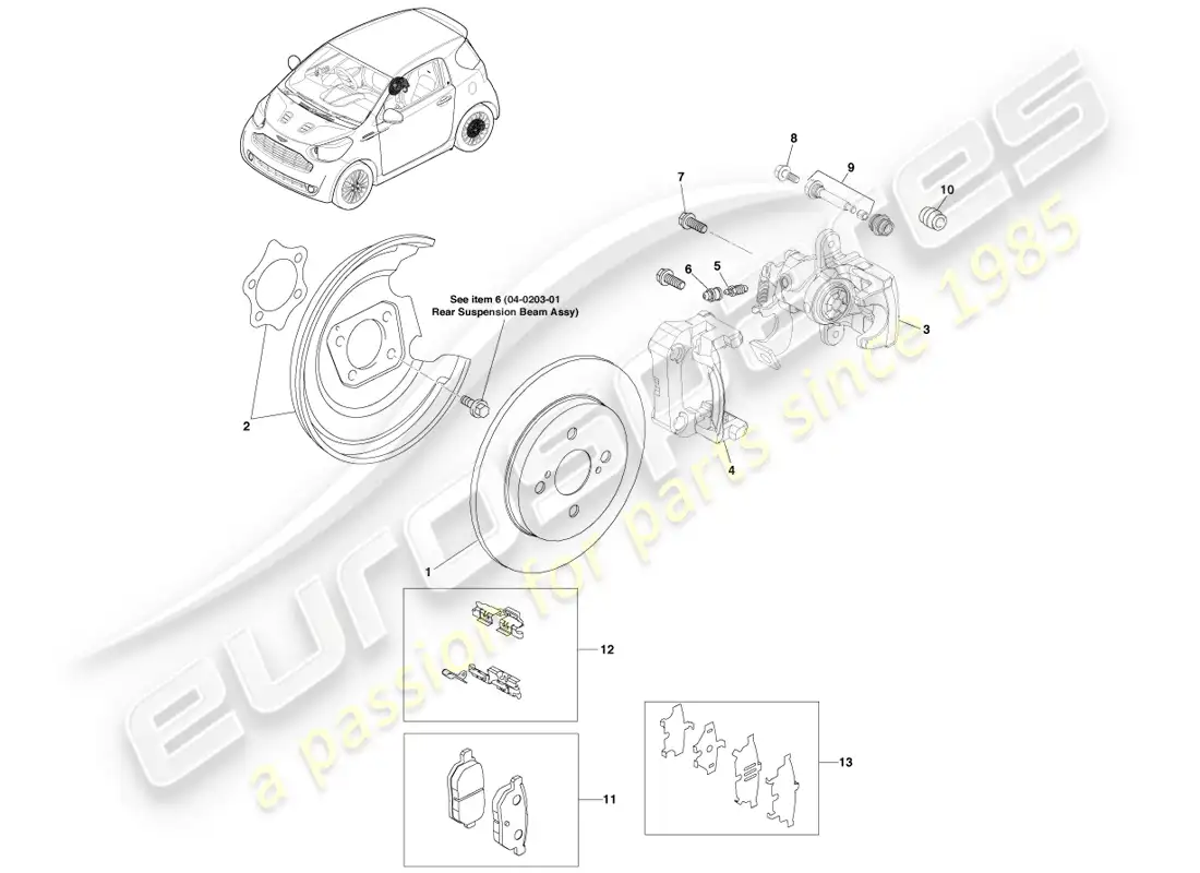 aston martin cygnet (2012) conjunto de disco de freno trasero diagrama de piezas