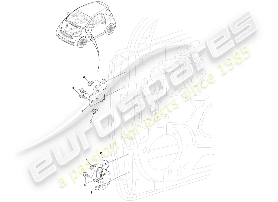 aston martin cygnet (2012) bisagras de puerta delantera diagrama de piezas