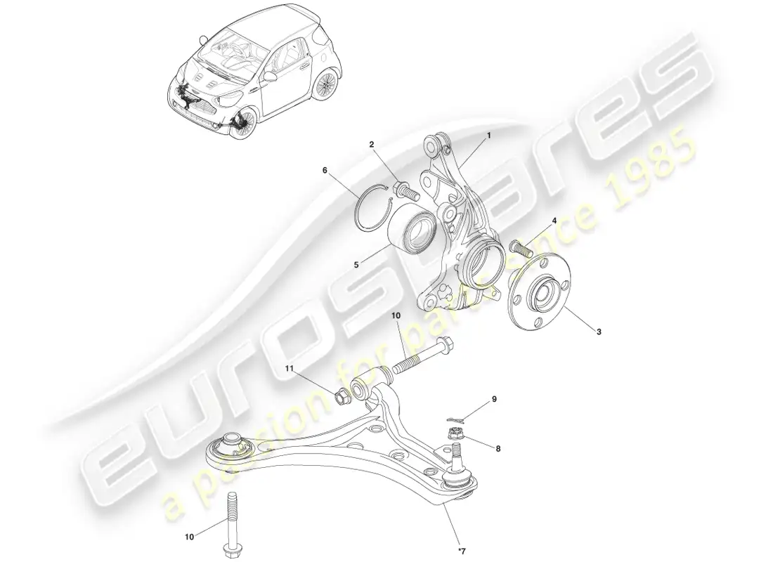 aston martin cygnet (2012) conjunto de nudillo de suspensión delantera diagrama de piezas
