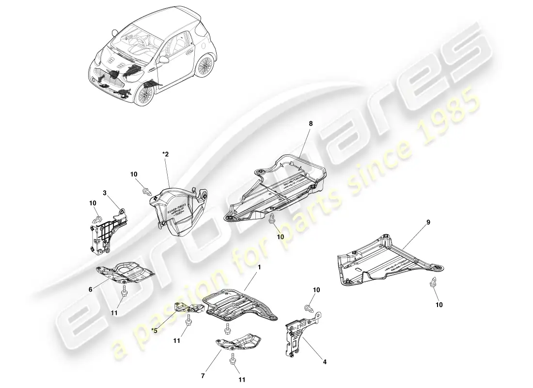 aston martin cygnet (2012) cubiertas y guardas diagrama de piezas