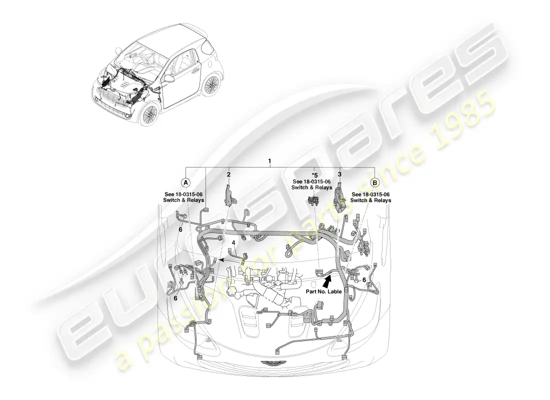 aston martin cygnet (2012) página de cableado del compartimiento del motor 1 diagrama de piezas