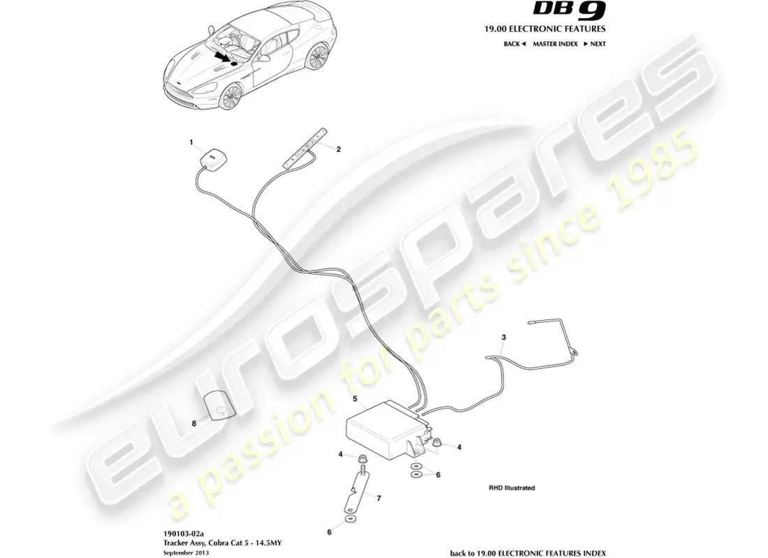 aston martin db9 (2013) rastreador cobra cat 5, 14.5my diagrama de piezas
