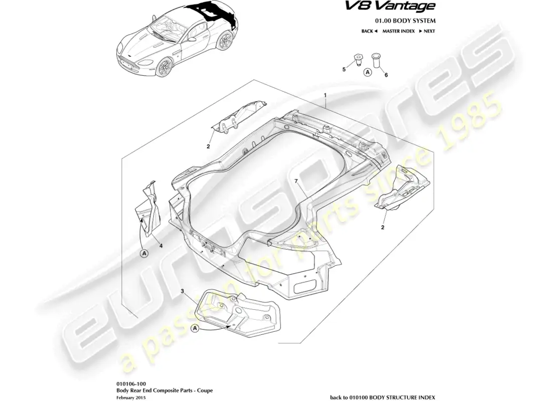aston martin v8 vantage (2008) parte trasera de la carrocería compuesta, diagrama de piezas del cupé