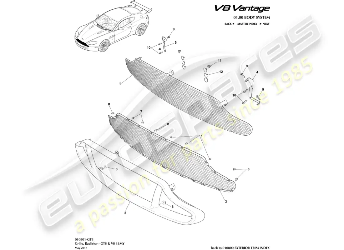 aston martin v8 vantage (2008) parrilla del radiador, diagrama de piezas gt8 y v8 18my