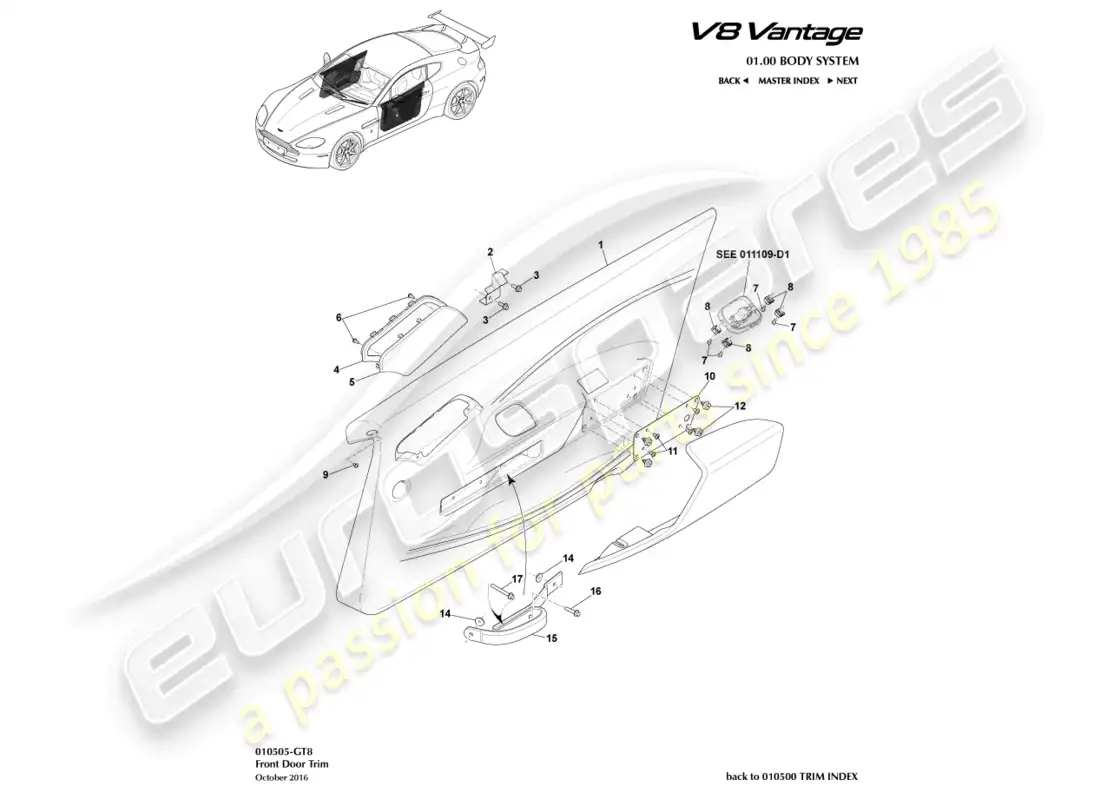 aston martin v8 vantage (2008) adorno de puerta, diagrama de pieza gt8