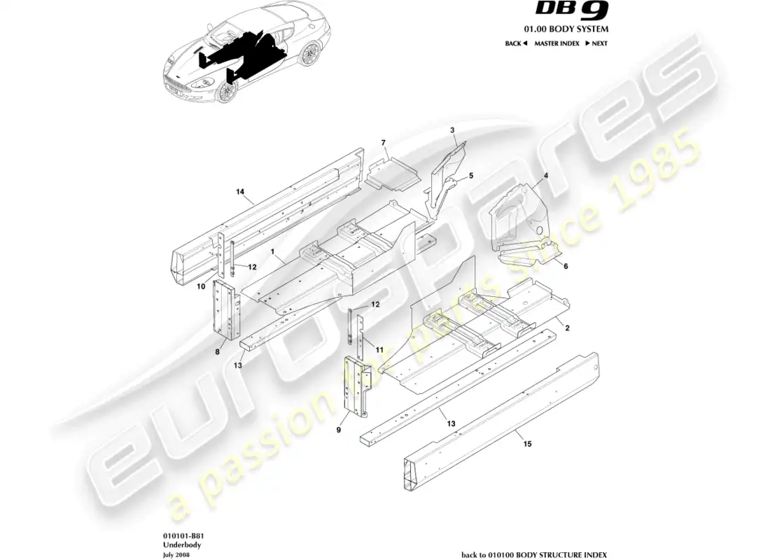 aston martin db9 (2011) diagrama de piezas de la parte de abajo