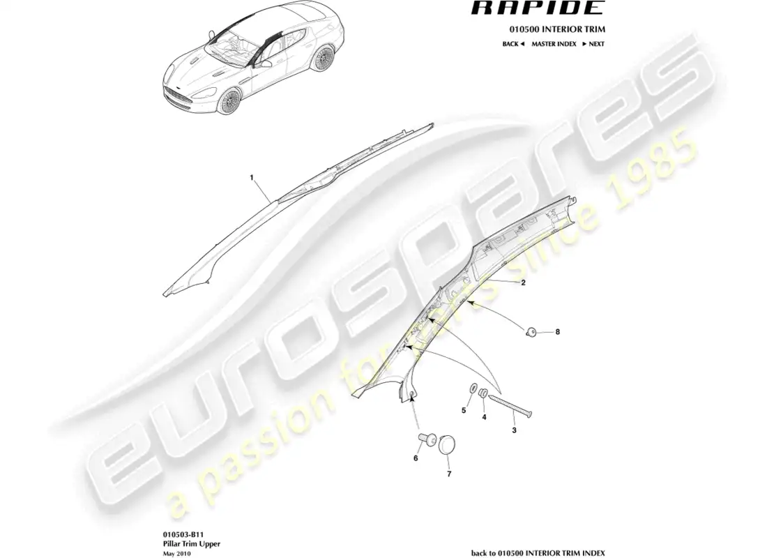 aston martin rapide (2010) un recorte de pilar diagrama de piezas