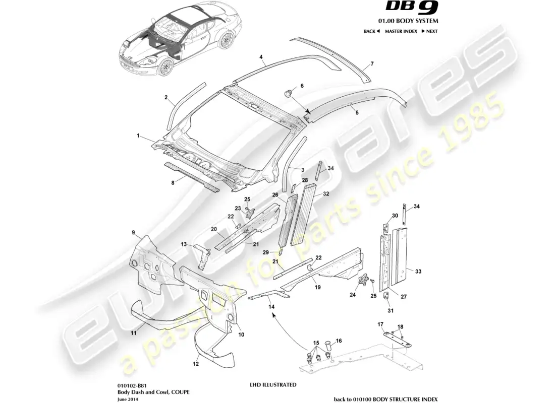 aston martin db9 (2012) carrocería, tablero y capó, diagrama de piezas del cupé