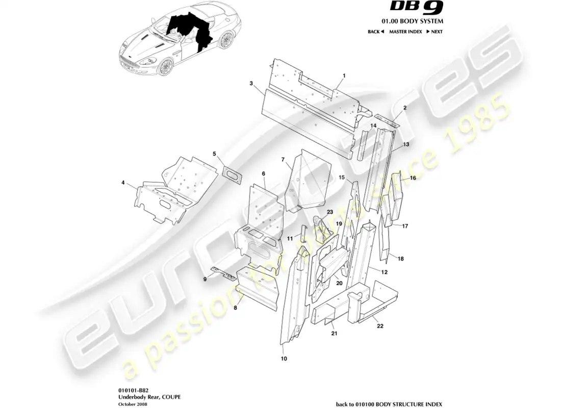 aston martin db9 (2012) diagrama de piezas del cupé, parte trasera de la parte inferior de la carrocería