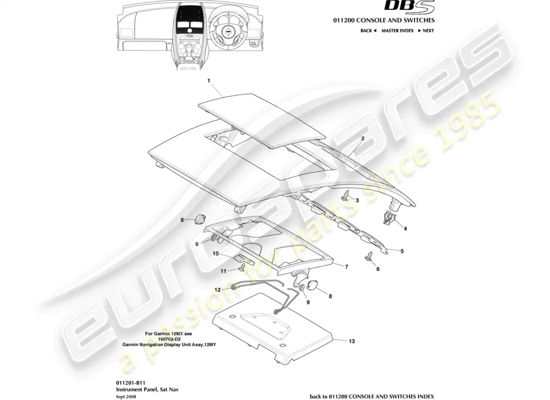 aston martin dbs (2011) panel de instrumentos, navegación por satélite, 09my diagrama de piezas