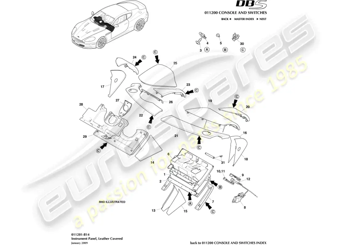 aston martin dbs (2011) panel de instrumentos, cuero, b&o diagrama de piezas