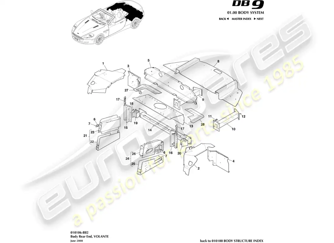 aston martin db9 (2009) body rear end, volante diagrama de piezas