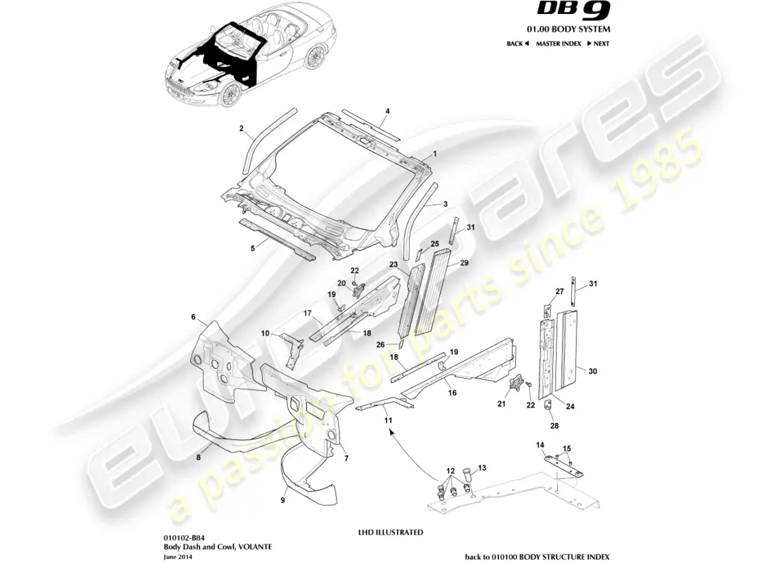 aston martin db9 (2012) carrocería, tablero y capó, diagrama de piezas de volante