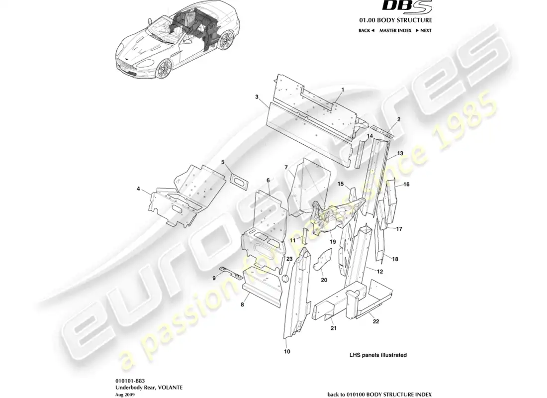 aston martin dbs (2008) parte inferior trasera, volante diagrama de piezas