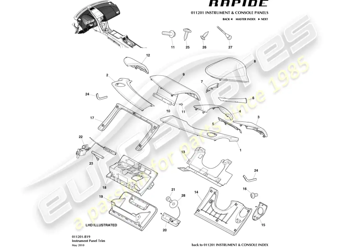 aston martin rapide (2014) paneles recortados ip diagrama de piezas