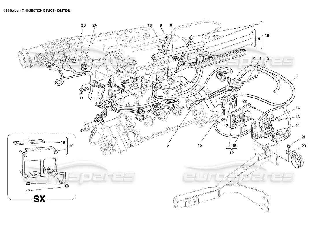 ferrari 360 spider dispositivo de inyección: diagrama de piezas de encendido