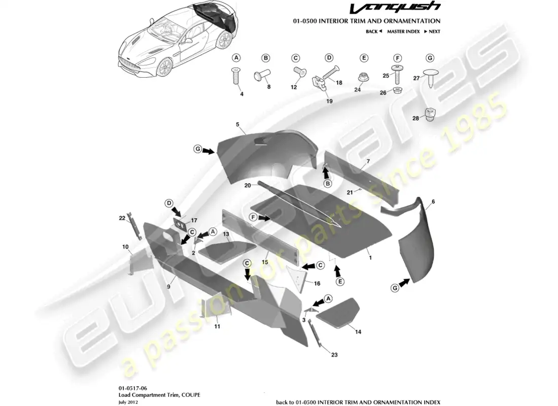 aston martin vanquish (2015) embellecedor del compartimento de carga, cupé diagrama de piezas