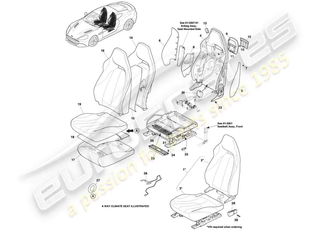 aston martin vanquish (2014) asientos delanteros diagrama de piezas