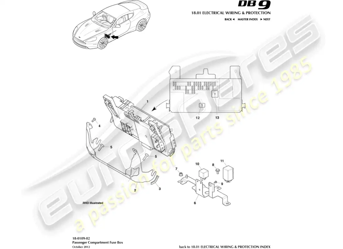 aston martin db9 (2014) caja de fusibles del habitáculo diagrama de piezas