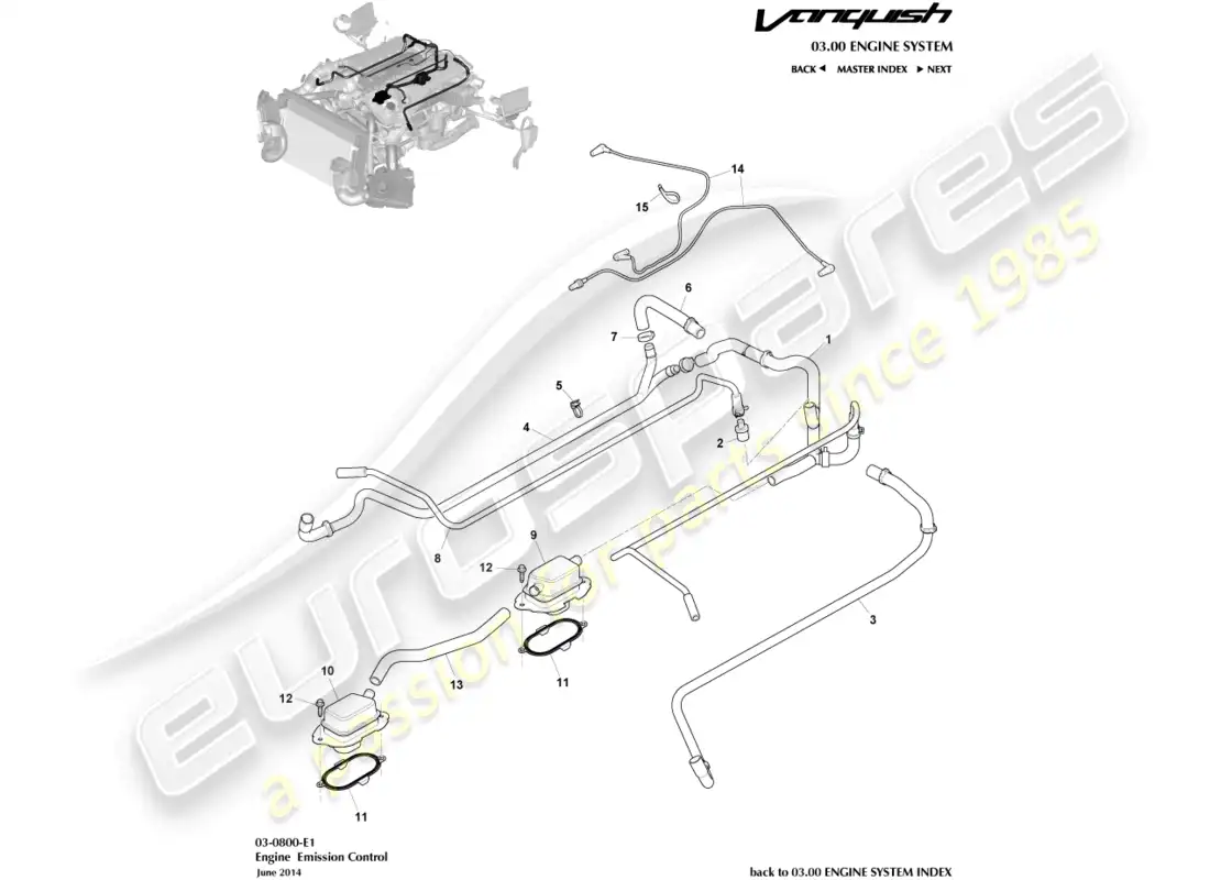 aston martin vanquish (2017) control de emisión diagrama de piezas