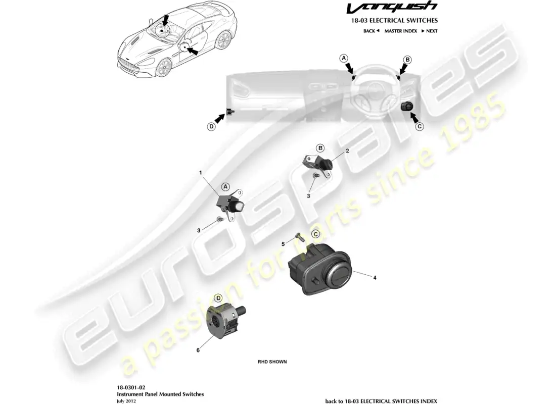 aston martin vanquish (2018) conmutadores ip diagrama de piezas