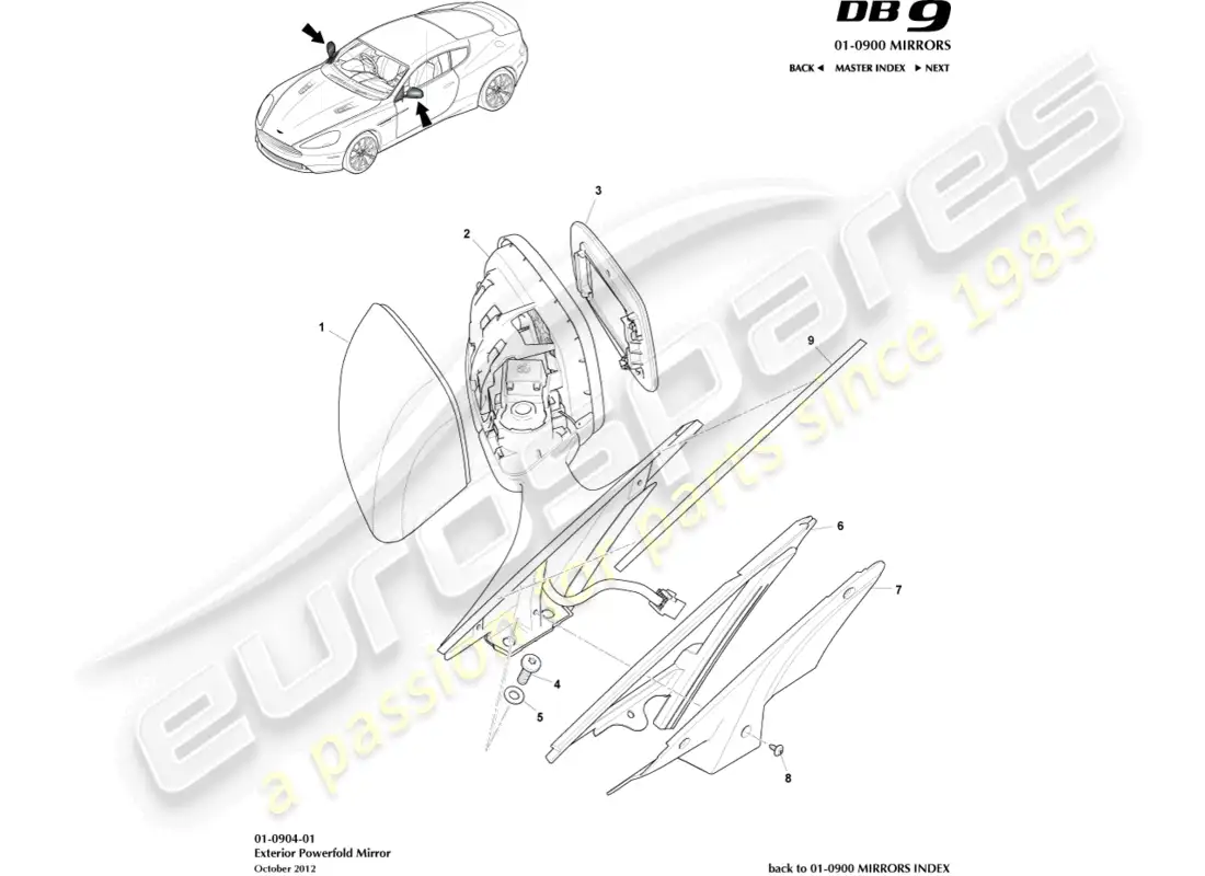 aston martin db9 (2017) espejos retrovisores exteriores diagrama de piezas